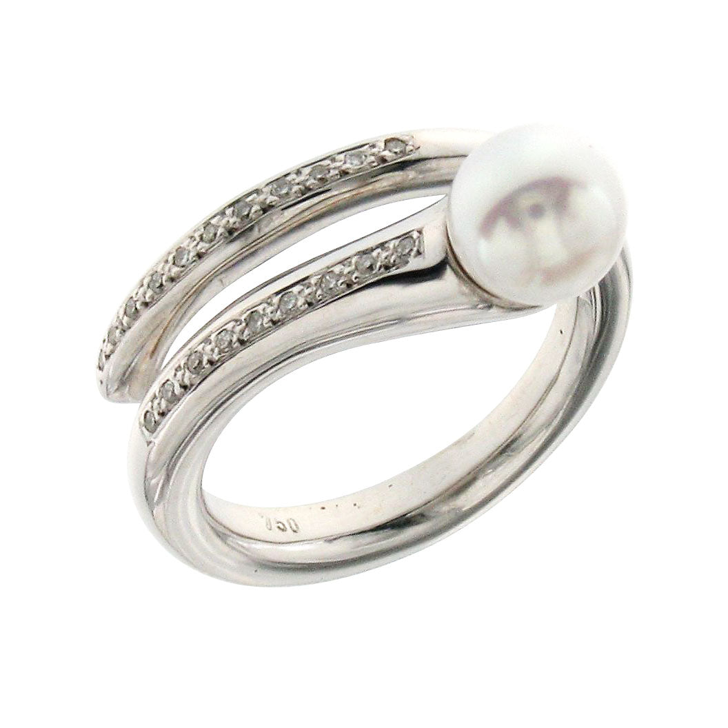 Ring 18kt Wg,Akoya Prl 7-7 1/2mm & Diam.Br.GH/VS-Si,0,08ct