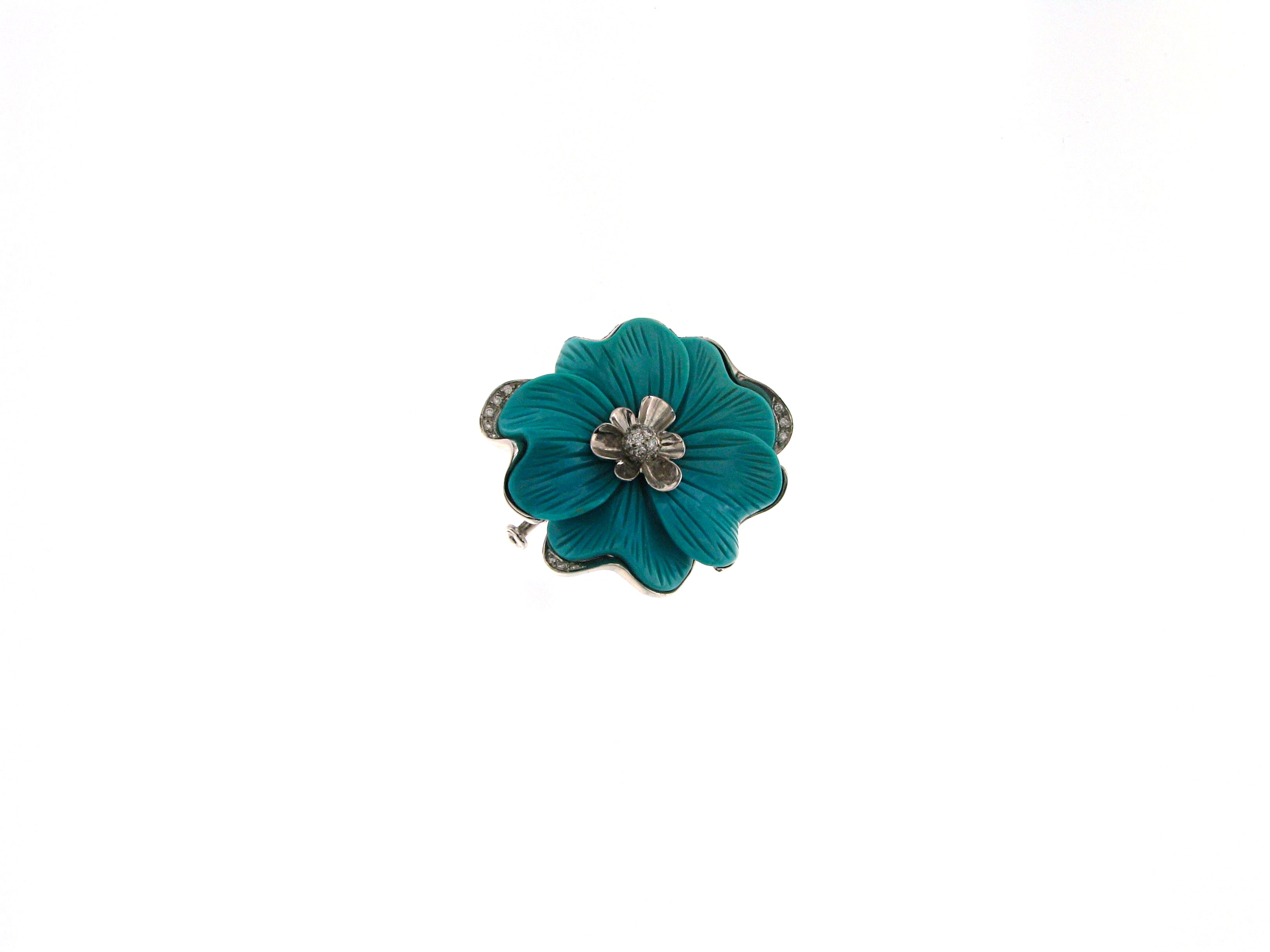 Brooch 18kt Wg, Rose Turquise & Diam.Br. FG/VS2-Si1 0,36ct