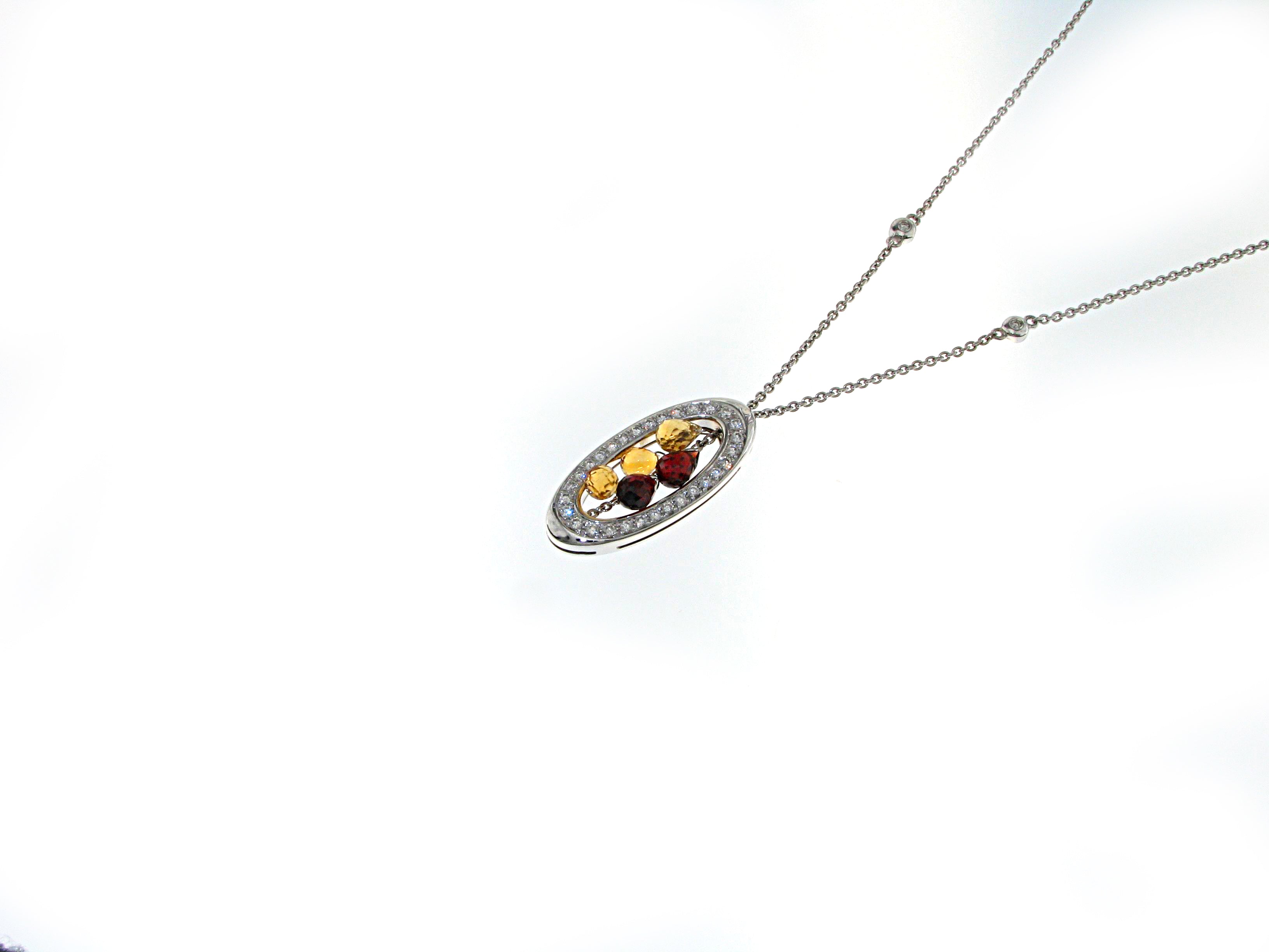 Necklace 18kt Wg,Citrine-Garnet Briolets & Diam.Br.HI/VS-Si 0,88ct