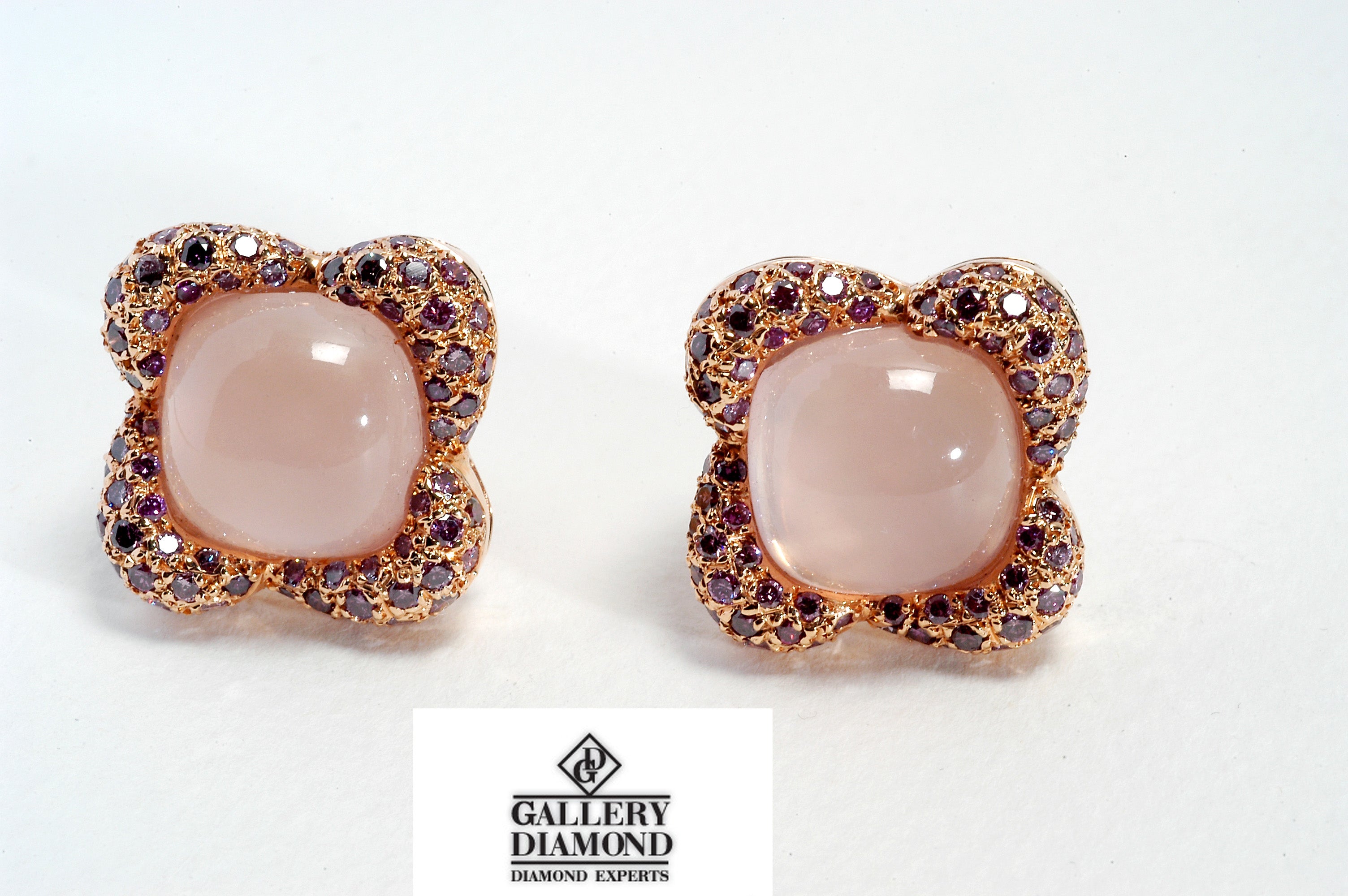 Earrings 18kt Pg, Rose Quartz Cab & Diam.Br.Tr.Purple 2,97ct